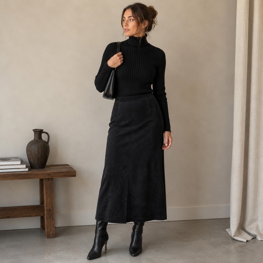 Parisian Works Black Faux Suede Midi Skirt Size 16 Stretch Back Slit Y2K
